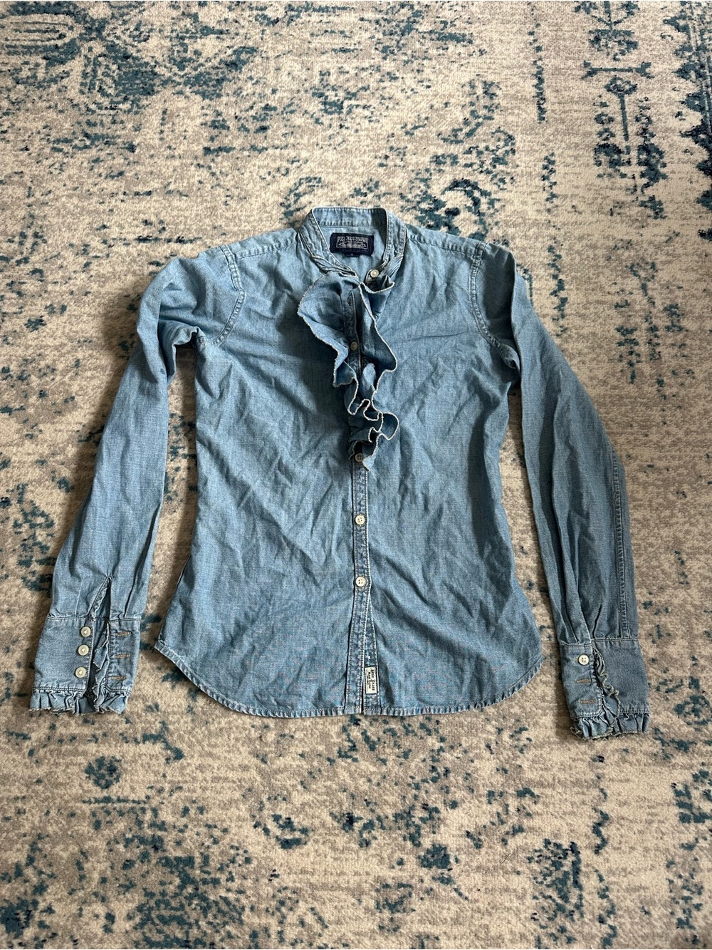 Vintage Ralph Lauren Ruffle Button Down Denim Shirt Cotton Size s